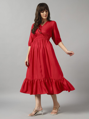 Krunal Raiyani Women Fit and Flare Pink Midi/Calf Length Dress
