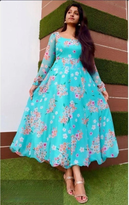 dhyan creation Anarkali Gown(Light Blue)