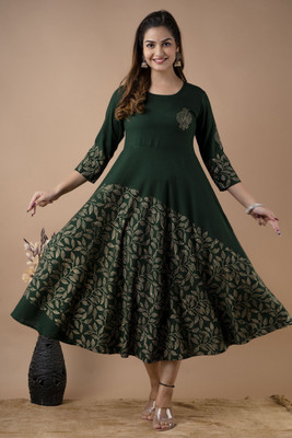 KALAXI Anarkali Gown(Dark Green, Beige)