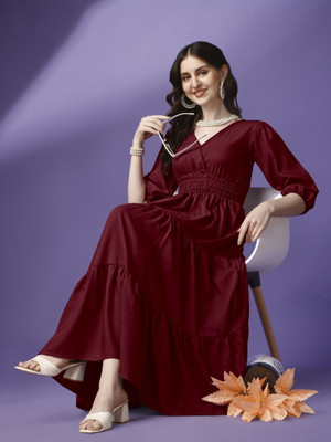 Jash Creation Women Fit and Flare Maroon Maxi/Full Length Dress