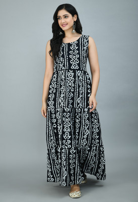 jenswi Women Bandhani Anarkali Kurta(White, Black)