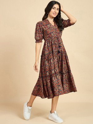 Jash Creation Women Fit and Flare Brown Maxi/Full Length Dress