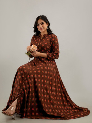 jaipurite Women Floral Print Anarkali Kurta(Brown)