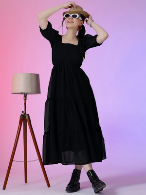 Jash Creation Women Fit and Flare Black Maxi/Full Length Dress