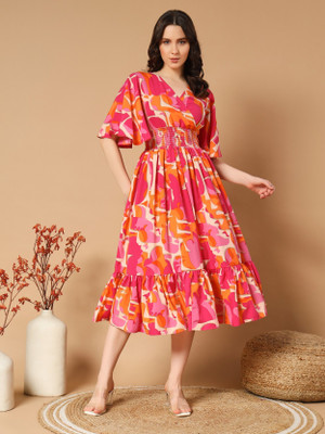 Raiyani Enterprise Women Fit and Flare Pink, Orange Knee Length Dress