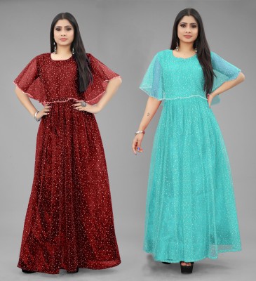 DECOFIN Flared/A-line Gown(Maroon, Light Blue)