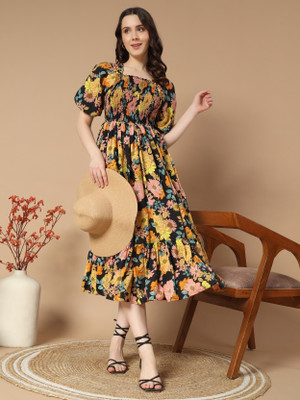 Jash Creation Women Fit and Flare Multicolor Midi/Calf Length Dress