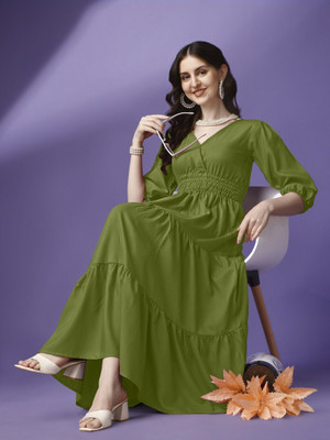 Jash Creation Women Fit and Flare Light Green Maxi/Full Length Dress