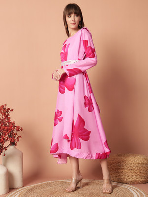 Jash Creation Women Fit and Flare Pink Maxi/Full Length Dress