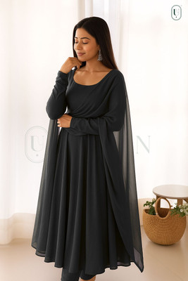 Ugaan Women Printed Gown Kurta(Black)