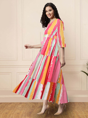 Jash Creation Women Fit and Flare Pink Maxi/Full Length Dress