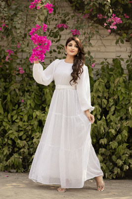 SARINKU Georgette Self Design Abaya(White)