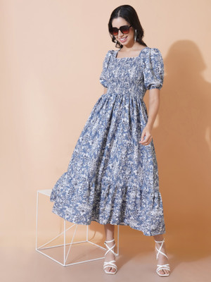 Jash Creation Women Fit and Flare Blue Midi/Calf Length Dress
