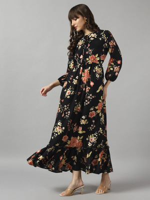 Krunal Raiyani Women Fit and Flare Black Maxi/Full Length Dress