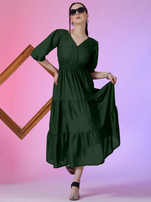 Jash Creation Women Fit and Flare Green Midi/Calf Length Dress