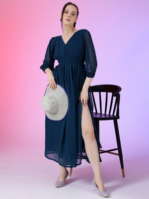 Jash Creation Women Fit and Flare Blue Maxi/Full Length Dress