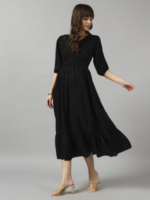 Jash Creation Women Fit and Flare Black Midi/Calf Length Dress