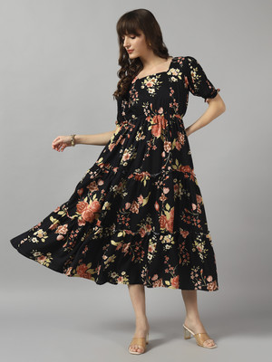Raiyani Enterprise Women Fit and Flare Gold Maxi/Full Length Dress