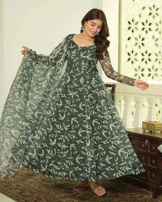 JS CREATIVE Anarkali Gown(Green)