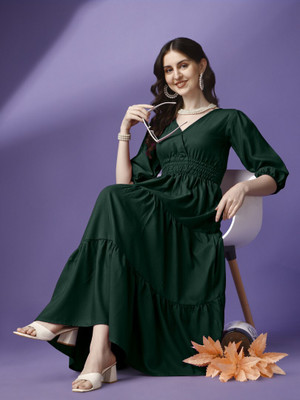 Jash Creation Women Fit and Flare Green Maxi/Full Length Dress