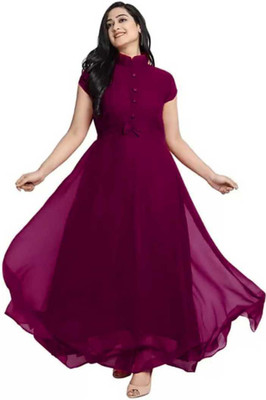 Jash Creation Women Fit and Flare Purple Maxi/Full Length Dress