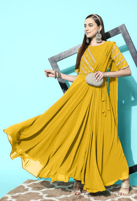 SANCIA Women Embroidered Gown Kurta(Yellow, Silver)