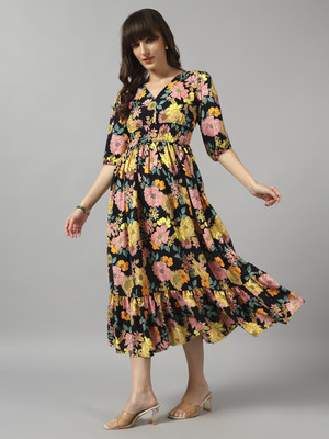 Krunal Raiyani Women Fit and Flare Yellow Midi/Calf Length Dress