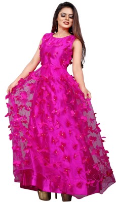 A To Z Cart Anarkali Gown(Pink, Red)