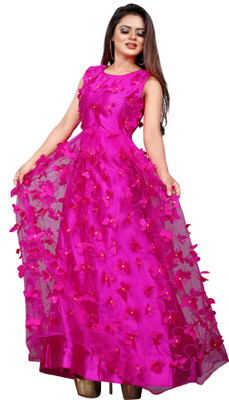 A To Z Cart Anarkali Gown(Pink, Red)