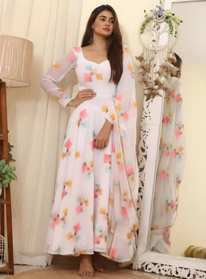 RaxuEnterprise Anarkali Gown(White)