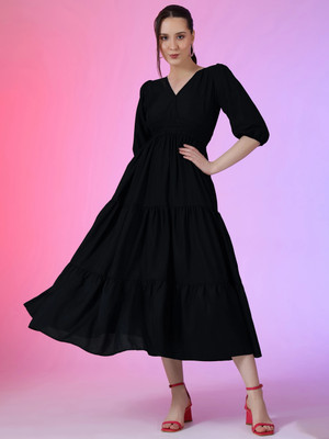 Jash Creation Women Fit and Flare Black Maxi/Full Length Dress