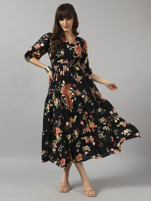 Raiyani Enterprise Women Fit and Flare Gold Midi/Calf Length Dress