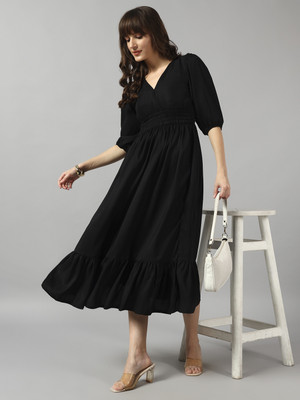 Jash Creation Women Fit and Flare Black Midi/Calf Length Dress