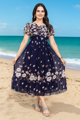 MISS CLOTHING Women Ethnic Dress Blue, Pink Midi/Calf Length Dress