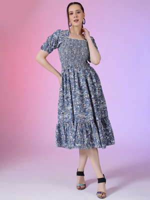 Krunal Raiyani Women Fit and Flare Blue Midi/Calf Length Dress