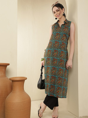 GLAM ROOTS Women Paisley Straight Kurta(Green)