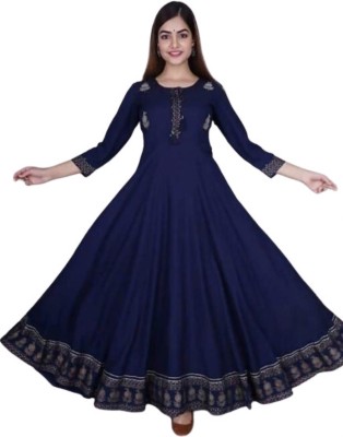 SHRENATH Women Embroidered Anarkali Kurta(Dark Blue, Gold)