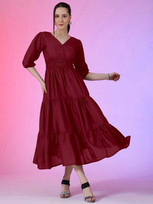 Jash Creation Women Fit and Flare Maroon Maxi/Full Length Dress