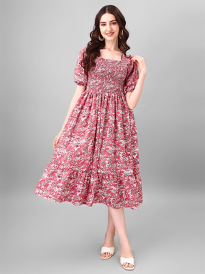 Jash Creation Women Fit and Flare Pink Midi/Calf Length Dress
