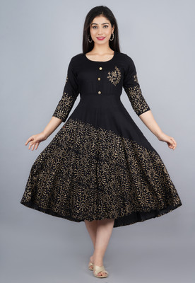 Omsharda Women Printed Flared Kurta(Black)