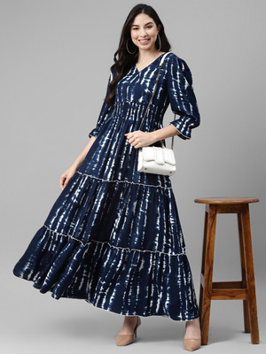 Krunal Raiyani Women Fit and Flare Blue Maxi/Full Length Dress