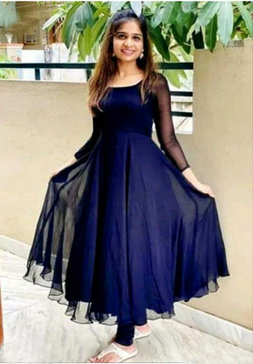 AaravEthanic Women Solid Anarkali Kurta(Dark Blue)