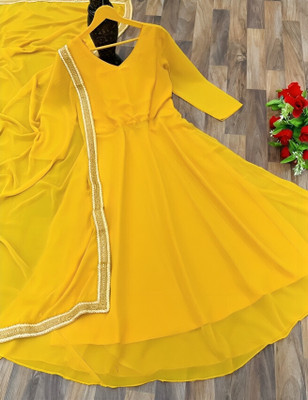 JS CREATIVE Anarkali Gown(Yellow)