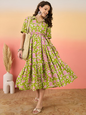 ZWERLON Women A-line Green, Pink Midi/Calf Length Dress