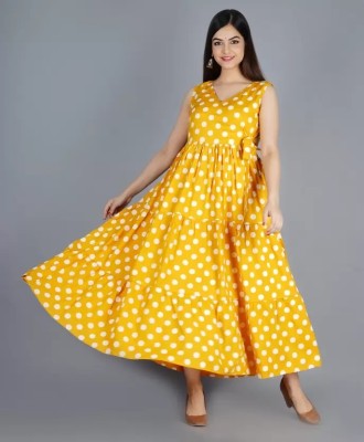 SATYAMAN Women Polka Print Flared Kurta(Yellow)