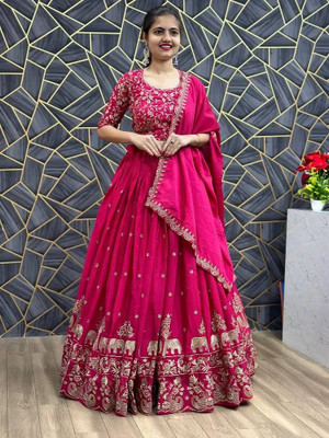 Santosafashion Embroidered, Self Design Semi Stitched Lehenga Choli(Pink)