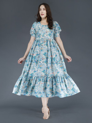 SIYAFABRICSES Women Gown Blue Midi/Calf Length Dress