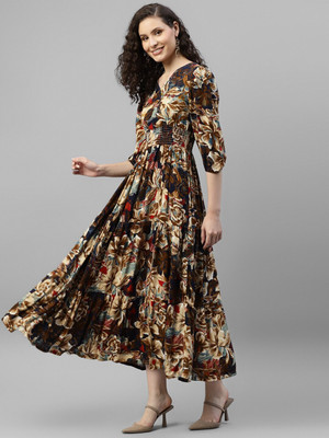 Vastani Enterprise Women Printed Anarkali Kurta(Brown)