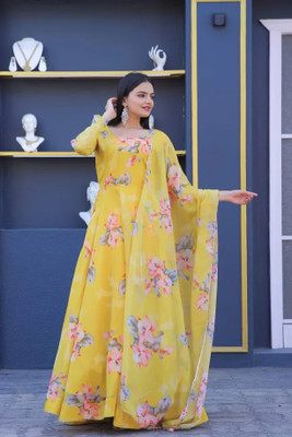 JS CREATIVE Anarkali Gown(Yellow)