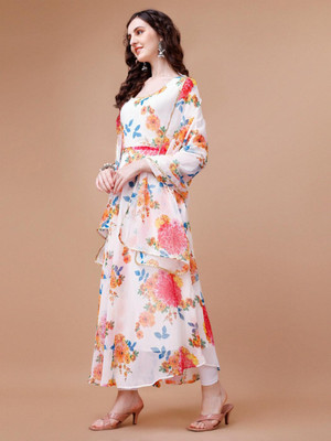 Jash Creation Women Fit and Flare White Maxi/Full Length Dress